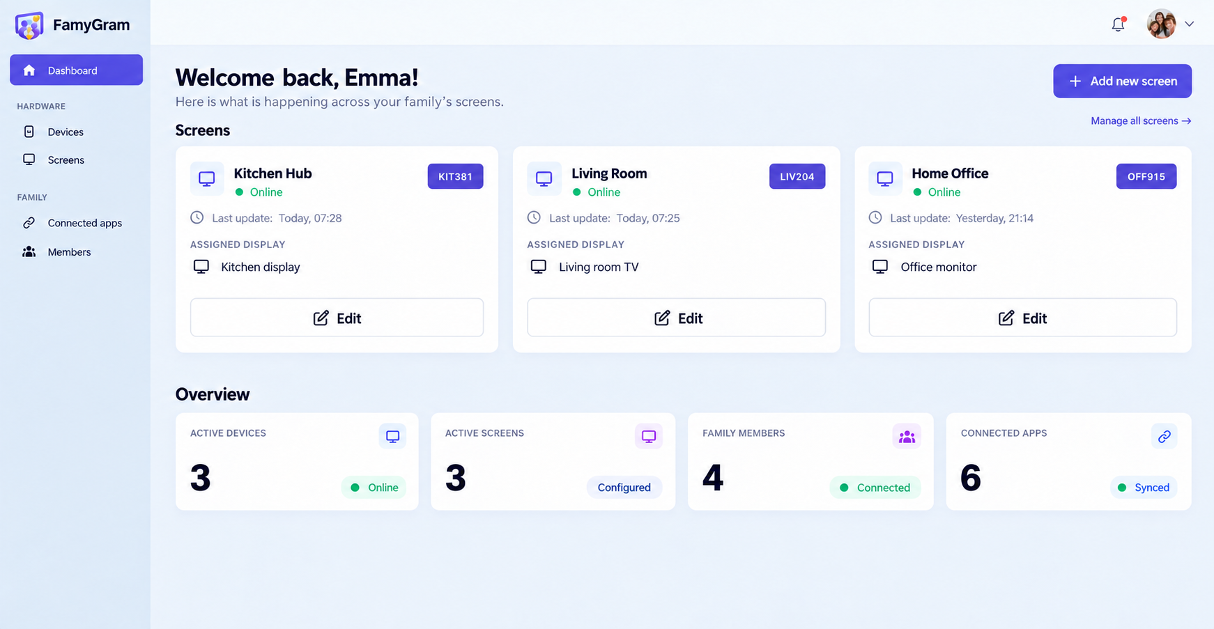 FamyGram admin dashboard with screens and household statistics